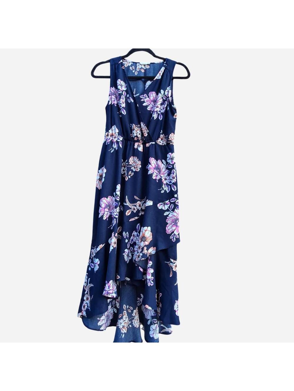 Soprano Navy Blue Floral High-Low Wrap Midi Dress Medium